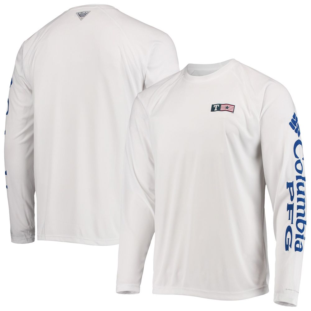 Columbia Men's Columbia White Texas Rangers Americana Terminal Tackle  Omni-Shade Long Sleeve Raglan T-Shirt
