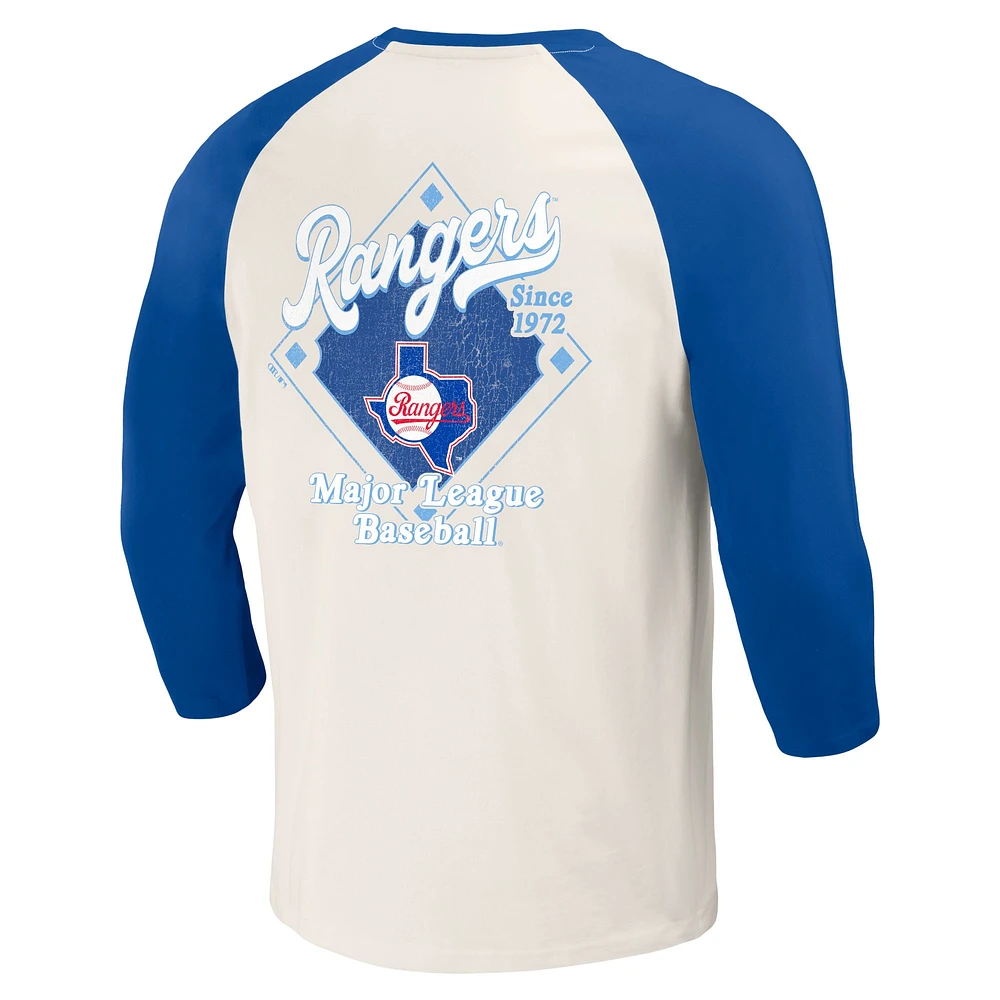 Collection Darius Rucker pour hommes par Fanatics Royal/Blanc Texas Rangers Cooperstown T-shirt raglan à manches 3/4