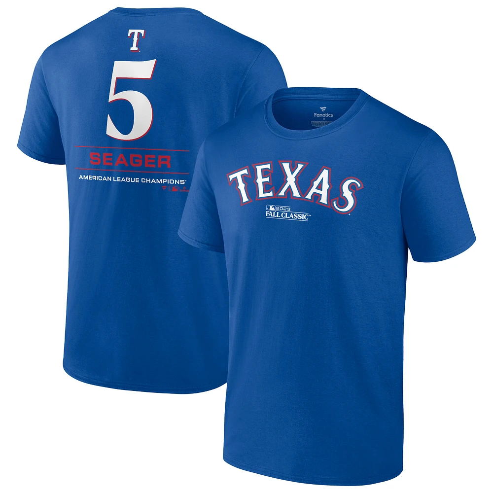 Fanatics Corey Seager Royal Texas Rangers 2023 American League Champions Nom et numéro du joueur T-shirt pour hommes