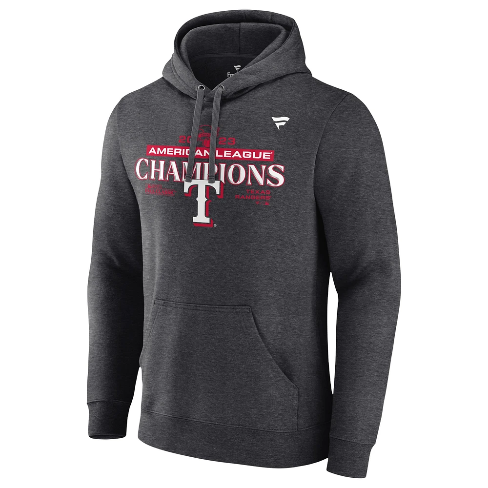 Sweat à capuche pour hommes Fanatics Heather Charcoal Texas Rangers 2023 Champions de la Ligue américaine vestiaire