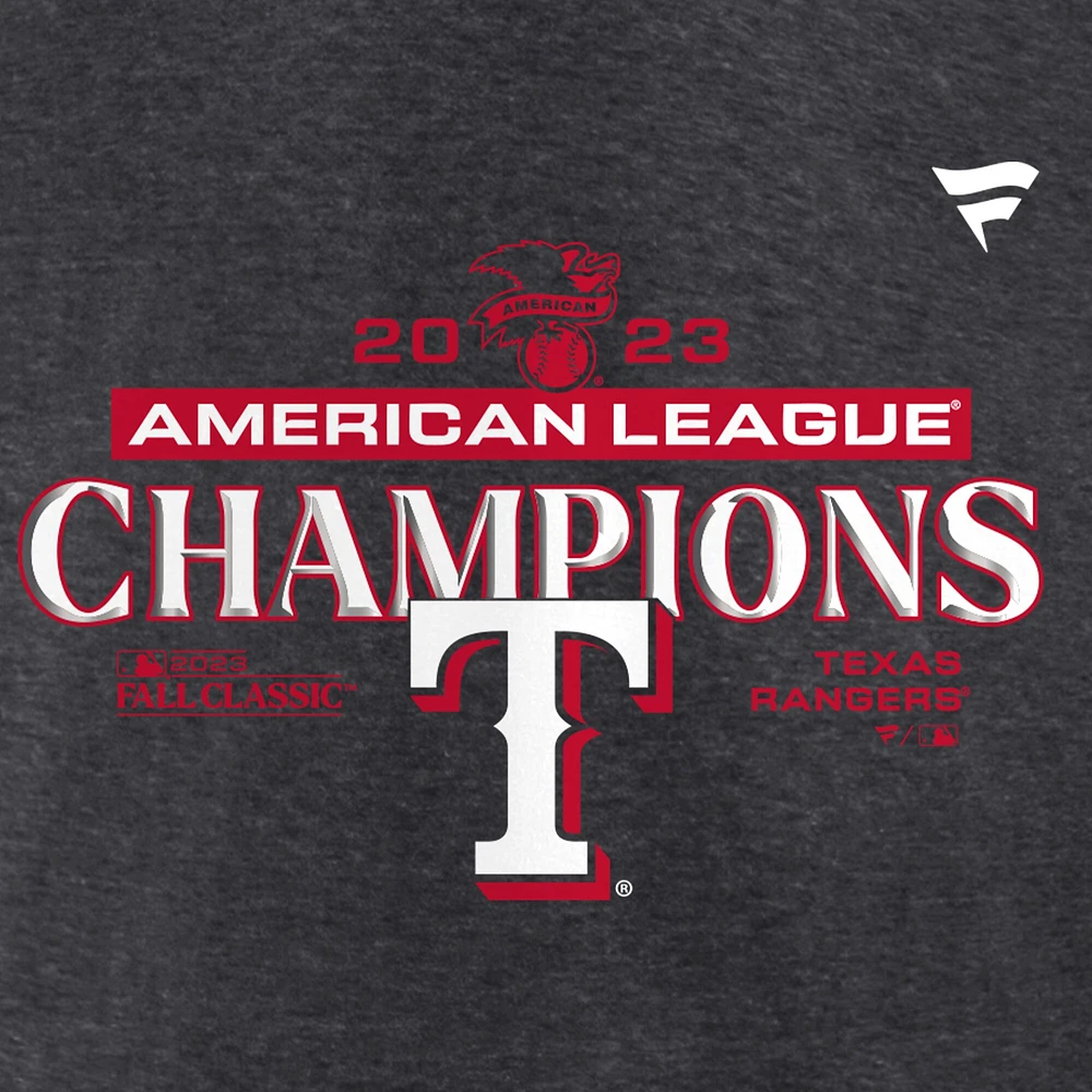 T-shirt des vestiaires champions de la Ligue américaine 2023 Fanatics Heather Charcoal pour hommes Texas Rangers