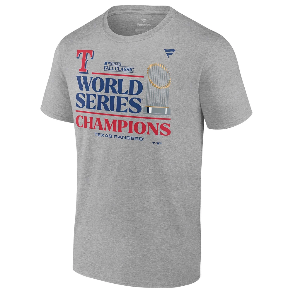 T-shirt grand et pour vestiaire des champions de la Série mondiale 2023 Texas Rangers Fanatics Heather Grey hommes