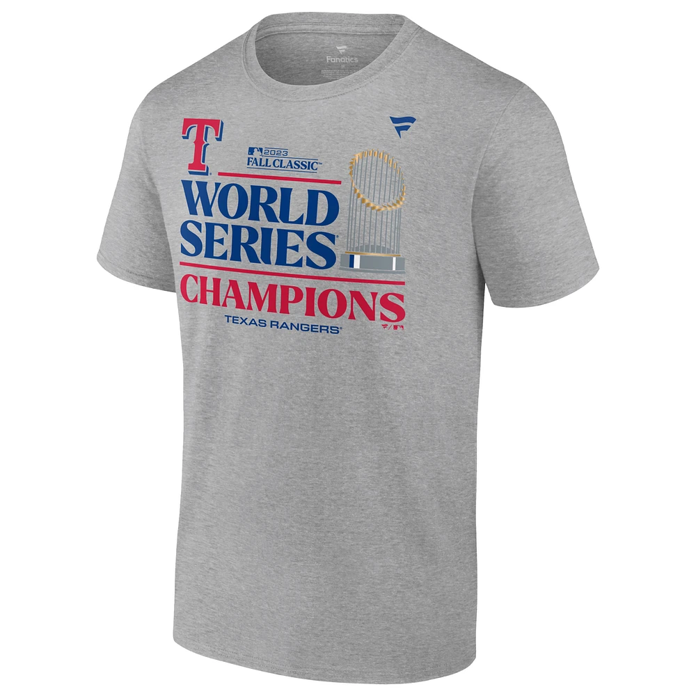 T-shirt des vestiaires champions de la Série mondiale 2023 Texas Rangers Fanatics Heather Grey pour hommes