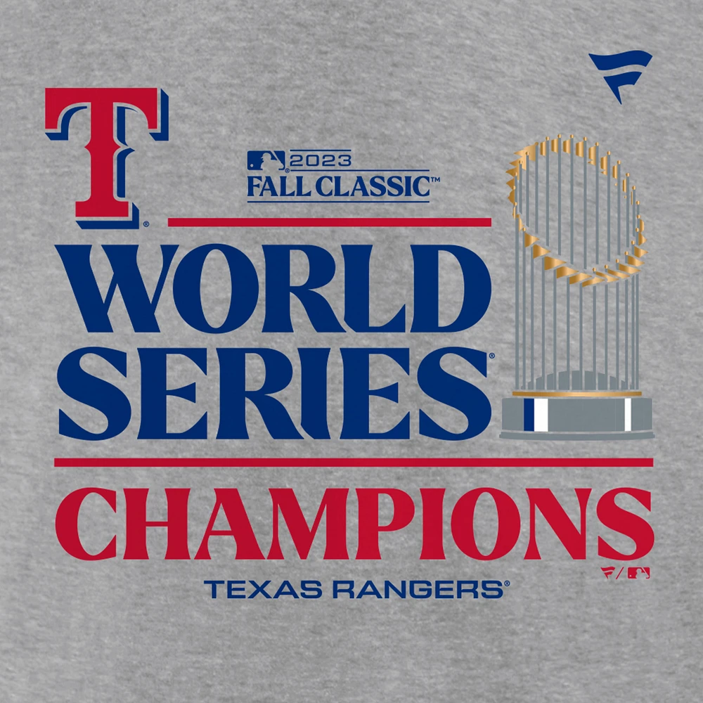 T-shirt des vestiaires champions de la Série mondiale 2023 Texas Rangers Fanatics Heather Grey pour hommes