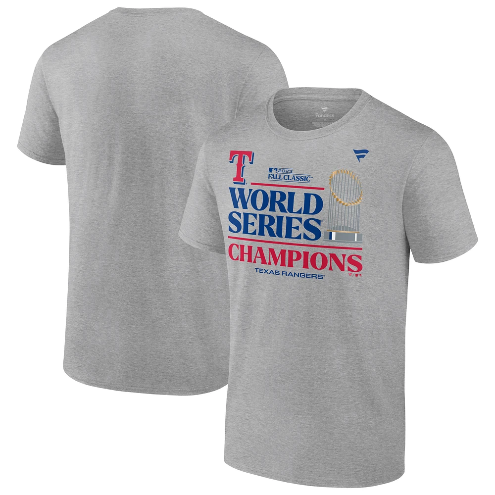 T-shirt des vestiaires champions de la Série mondiale 2023 Texas Rangers Fanatics Heather Grey pour hommes