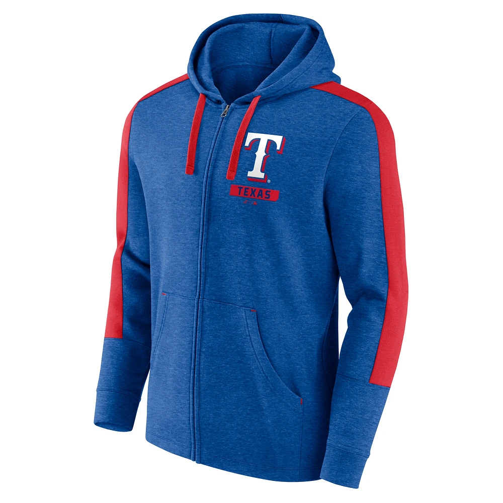 Sweat à capuche zippé en polaire Texas Rangers Gains Heather Royal Fanatics pour hommes