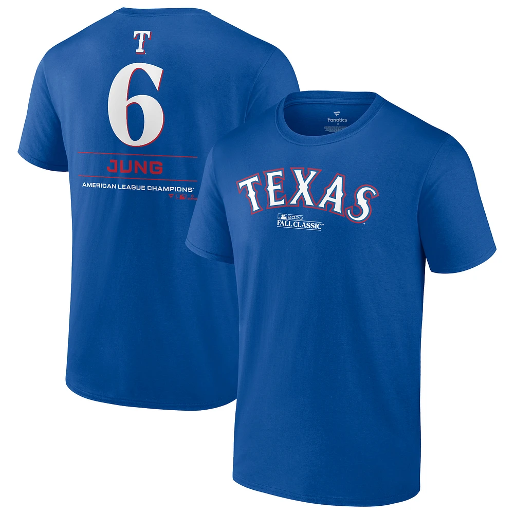 Men's Fanatics Josh Jung Royal Texas Rangers 2023 American League Champions Player Name & Number T-Shirt