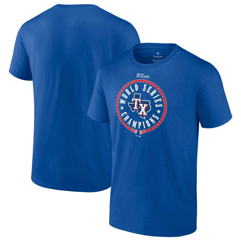 T-shirt fanatiques pour hommes des Royal Texas Rangers Champions de la Série mondiale 2023 volant à domicile