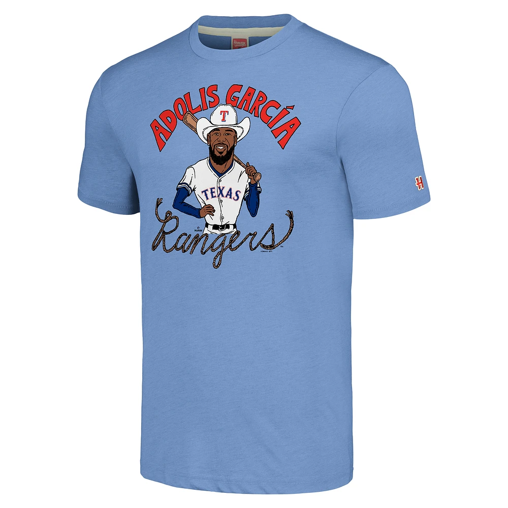 Men's Homage Adolis García Light Blue Texas Rangers Caricature Player Tri-Blend T-Shirt