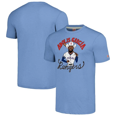 T-shirt à trois mélanges hommage Adolis García pour hommes, bleu clair, joueur de caricature des Texas Rangers