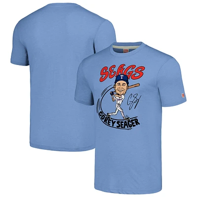 T-shirt à trois mélanges pour hommes, hommage Corey Seager, bleu clair, joueur de caricature des Texas Rangers