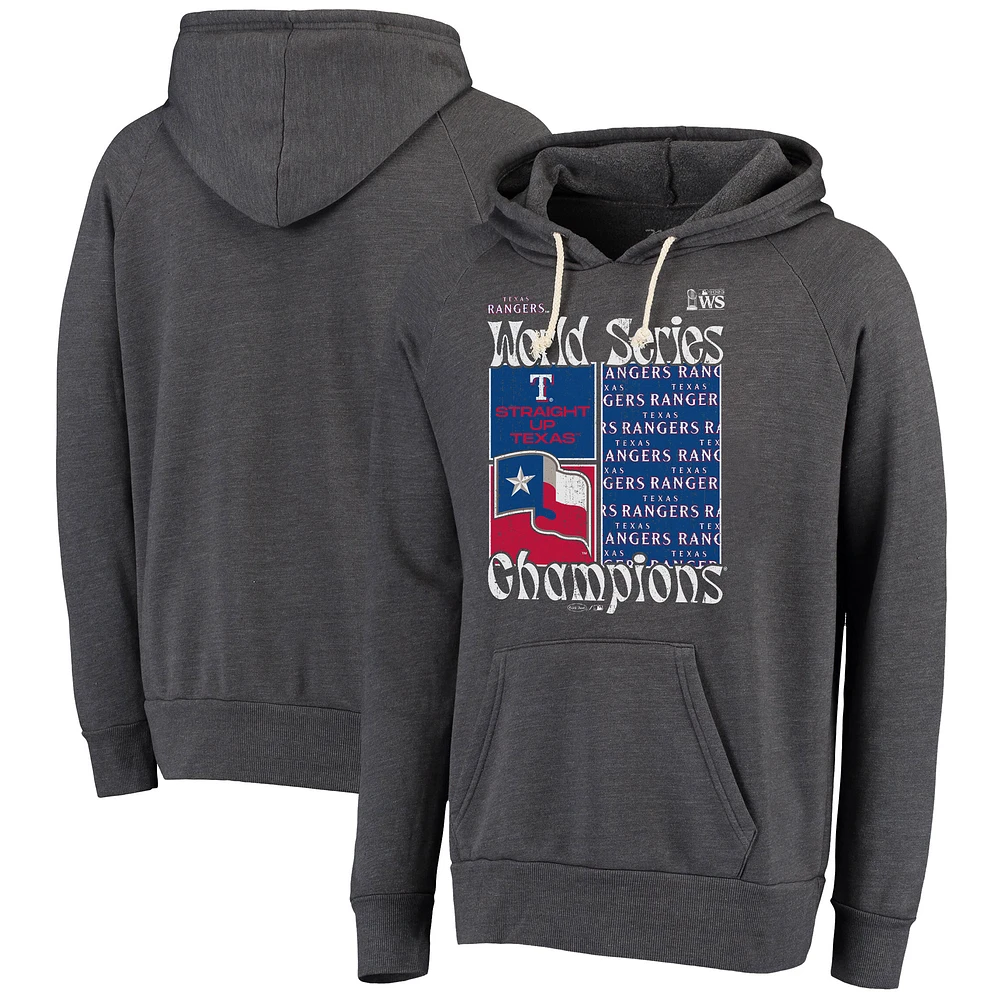 Men's Majestic Threads  Charcoal Texas Rangers 2023 World Series Champions Local Squares Tri-Blend Pullover Hoodie