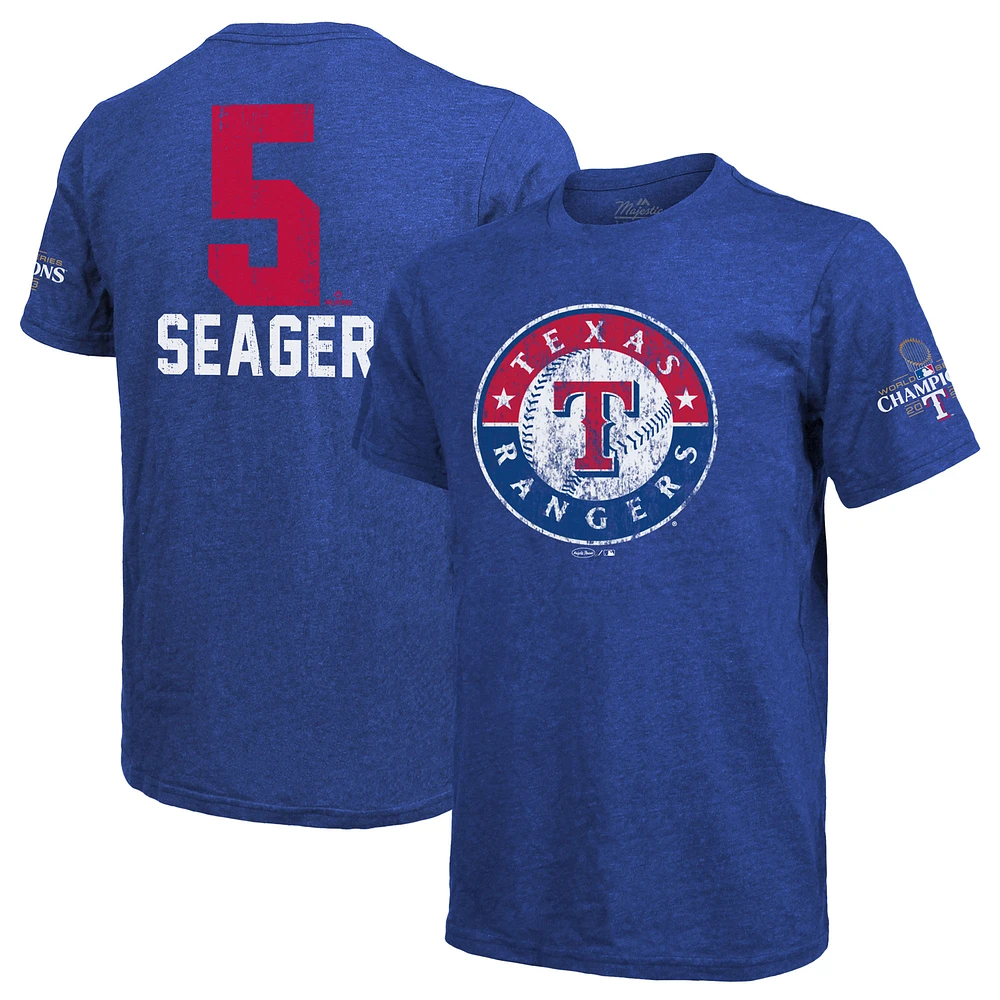 T-shirt avec nom et numéro des champions de la Série mondiale 2023 Majestic Threads Corey Seager Royal Texas Rangers pour hommes