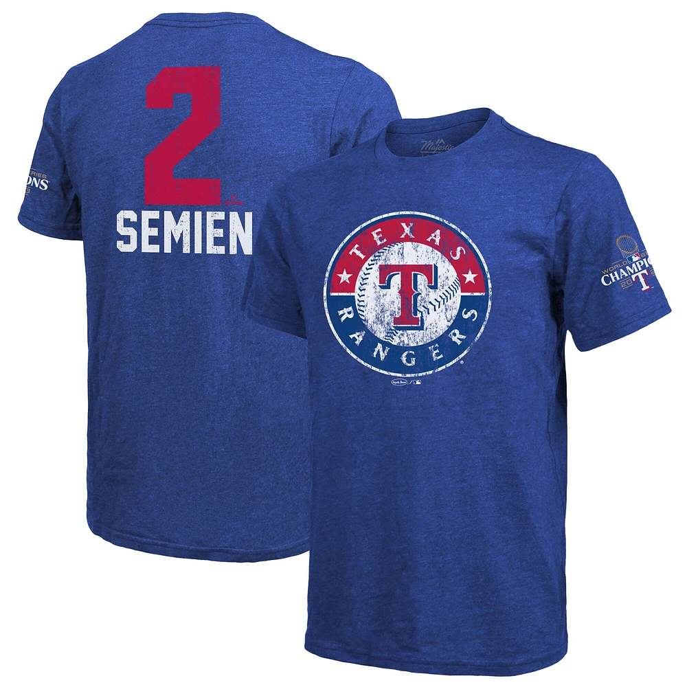 T-shirt avec nom et numéro des champions de la Série mondiale 2023 Majestic Threads Marcus Semien Royal Texas Rangers pour hommes