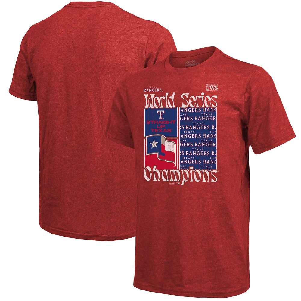 T-shirt rouge Majestic Threads pour hommes des Texas Rangers 2023 World Series Champions Square Logo