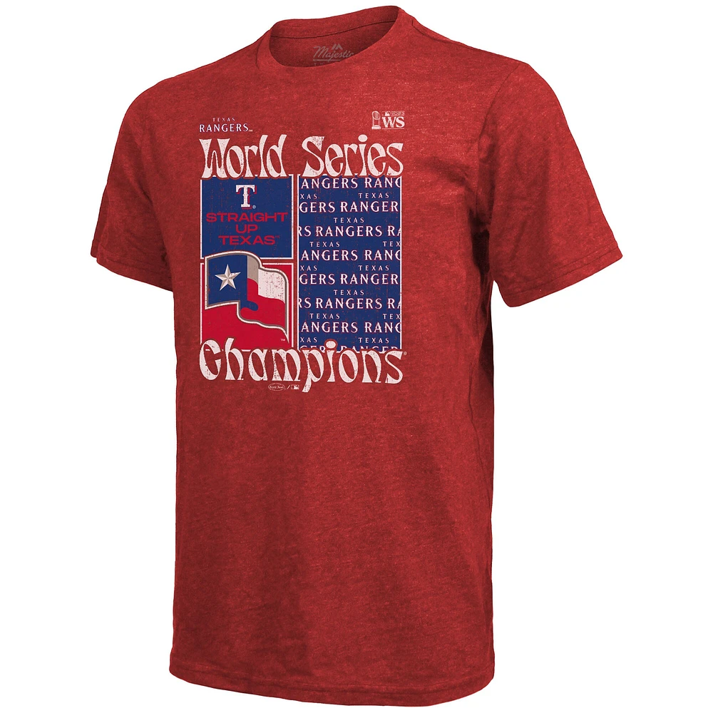 T-shirt rouge Majestic Threads pour hommes des Texas Rangers 2023 World Series Champions Square Logo