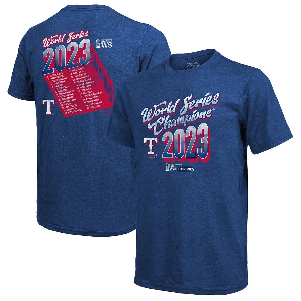 Men's Majestic Threads  Royal Texas Rangers 2023 World Series Champions Life Of The Party Tri-Blend Roster T-Shirt