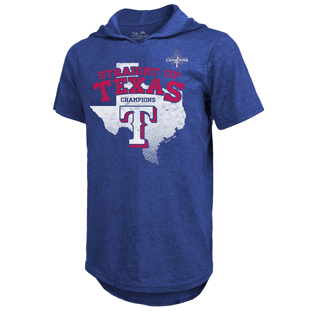 Men's Majestic Threads Royal Texas Rangers 2023 World Series Champions Tri-Blend Hoodie T-Shirt