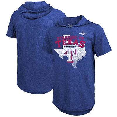 T-shirt à capuche tri-mélange Majestic Threads Royal Texas Rangers 2023 Champions de la Série mondiale pour hommes