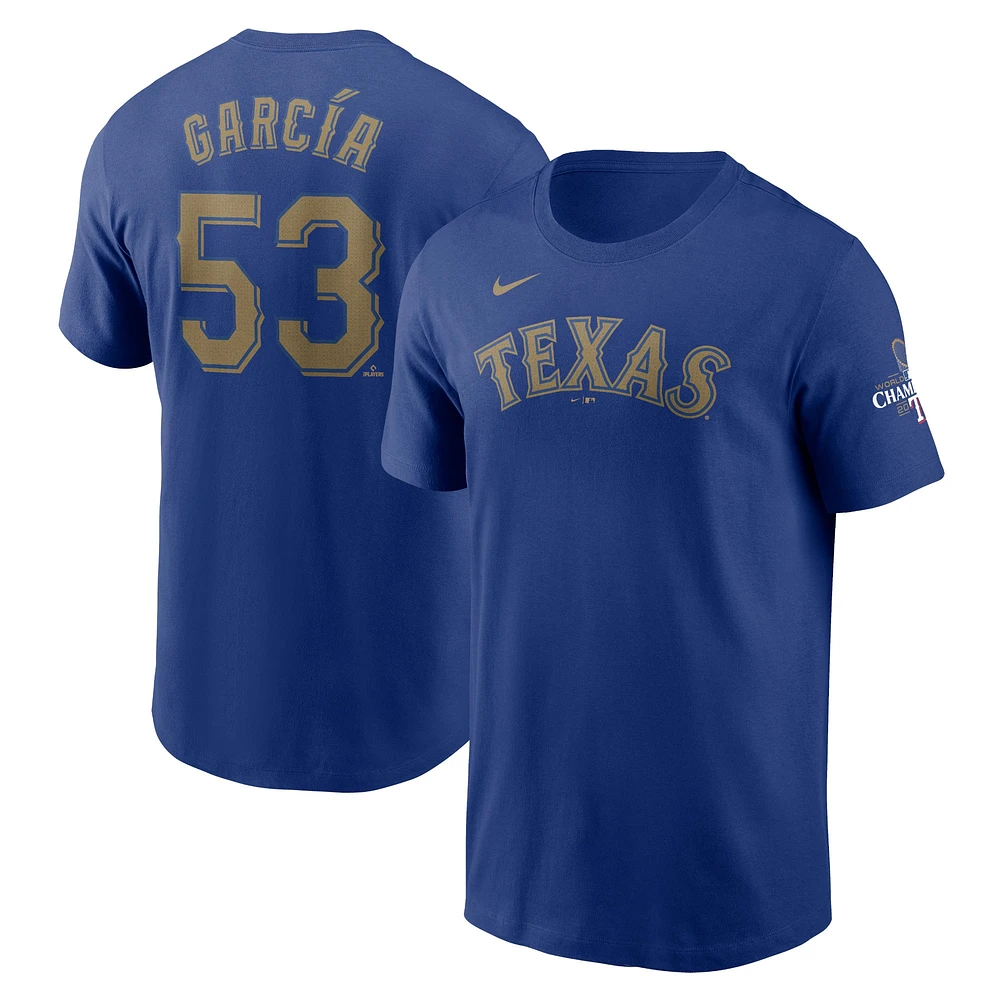 T-shirt Nike Adolis Garcia Royal Texas Rangers 2024 Gold Collection pour homme avec nom et numéro