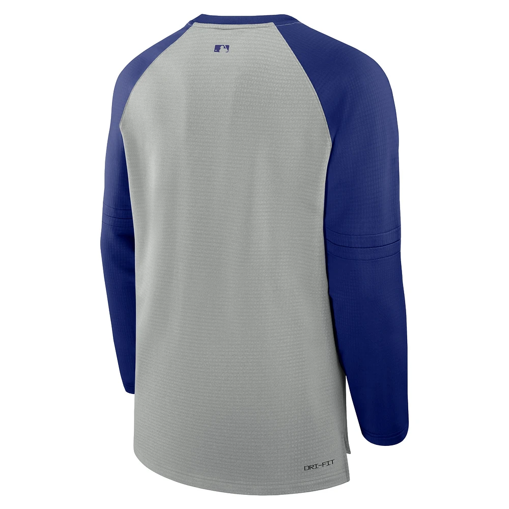 Men's Nike Heather Gray/Royal Texas Rangers Authentic Collection Game Time Raglan Performance Long Sleeve T-Shirt