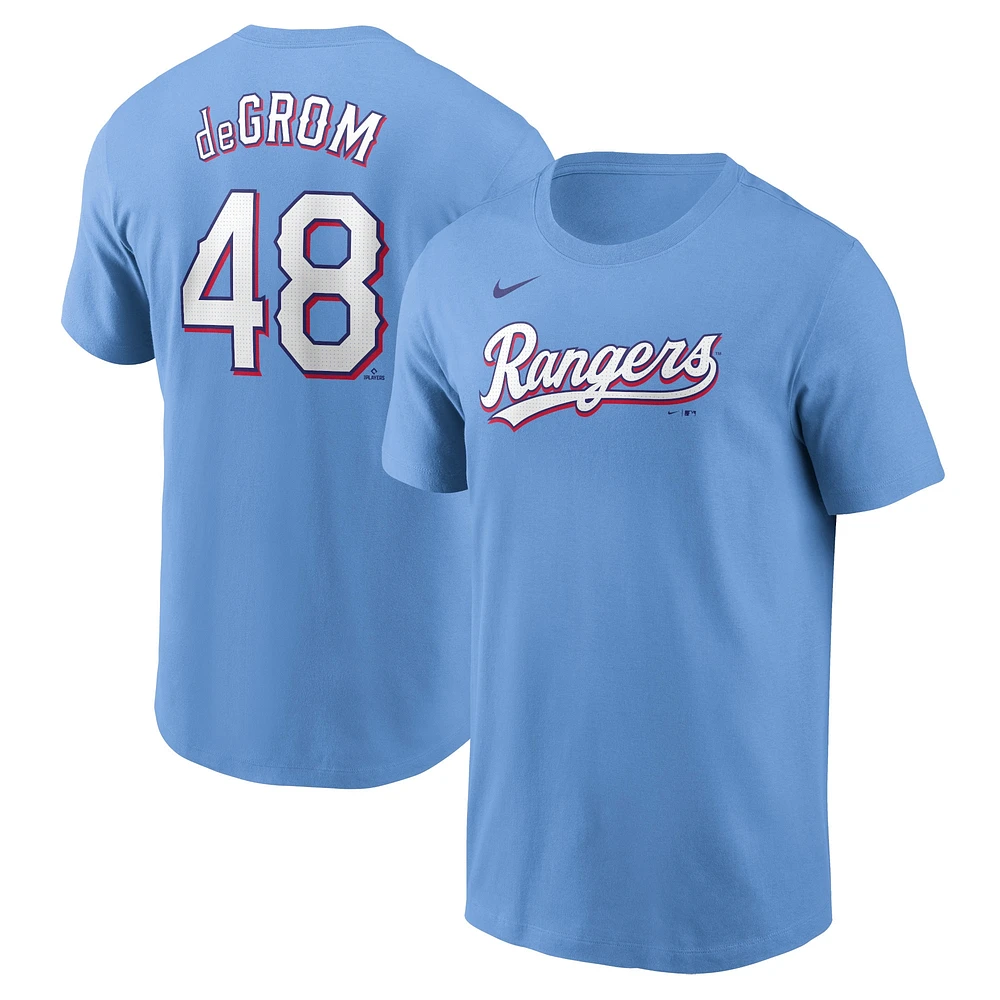 T-shirt avec nom et numéro Nike Jacob deGrom pour hommes, bleu clair, Texas Rangers Fuse