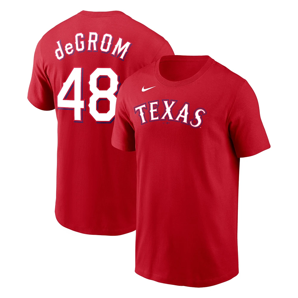 T-shirt avec nom et numéro des Texas Rangers Nike Jacob deGrom rouge pour homme