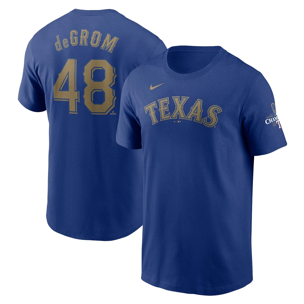 T-shirt Nike Jacob deGrom Royal Texas Rangers 2024 Gold Collection avec nom et numéro pour homme