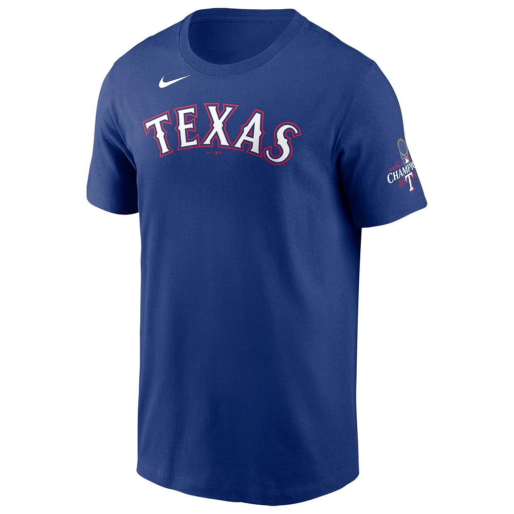 T-shirt avec nom et numéro des champions de la Série mondiale 2023 Nike Jonah Heim Royal Texas Rangers pour homme