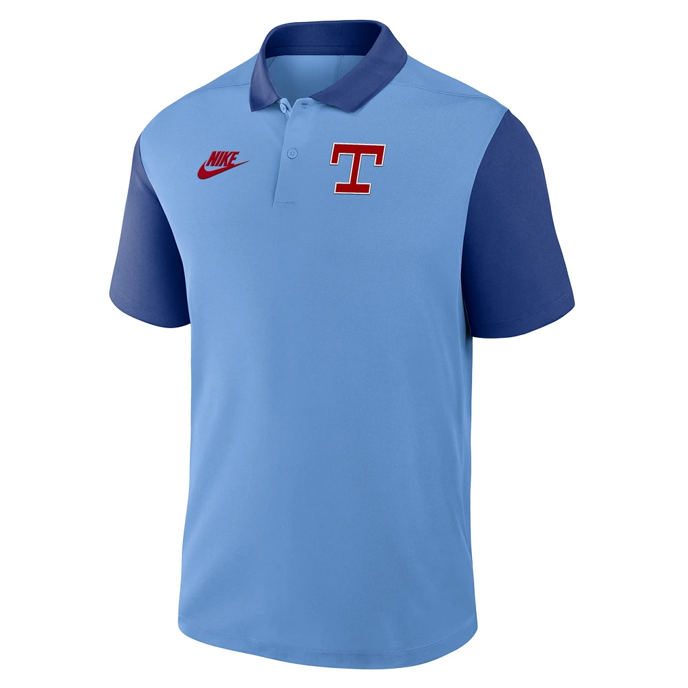 Polo Nike Performance bleu clair/bleu royal pour homme, collection Cooperstown, Texas Rangers, à blocs de couleurs Victory