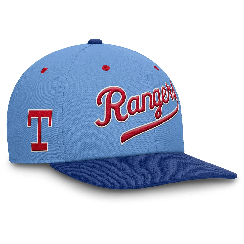 Casquette Nike Pro Performance Snapback bleu clair/bleu royal Texas Rangers Cooperstown Collection pour homme