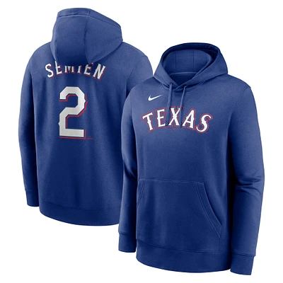 Sweat à capuche Nike Marcus Semien Royal Texas Rangers avec nom et numéro de club pour homme