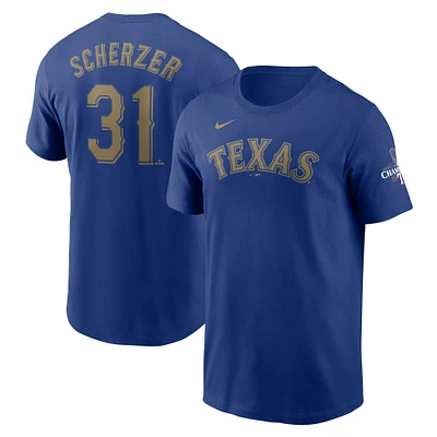 T-shirt Nike Max Scherzer Royal Texas Rangers 2024 Gold Collection avec nom et numéro pour homme