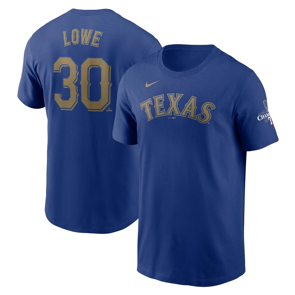 T-shirt Nike Nathaniel Lowe Royal Texas Rangers 2024 Gold Collection avec nom et numéro pour homme