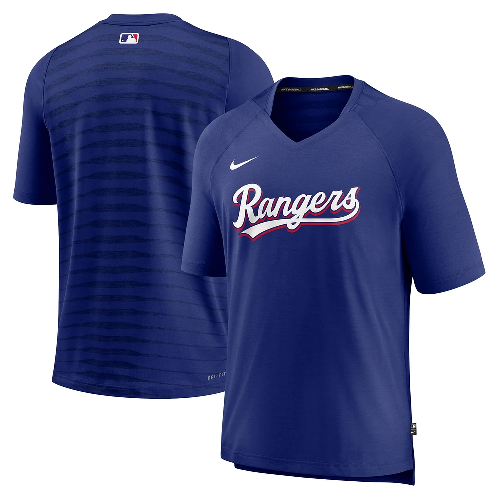 T-shirt à col en V Nike Royal Texas Rangers Authentic Collection Avant-match Performance Raglan pour homme