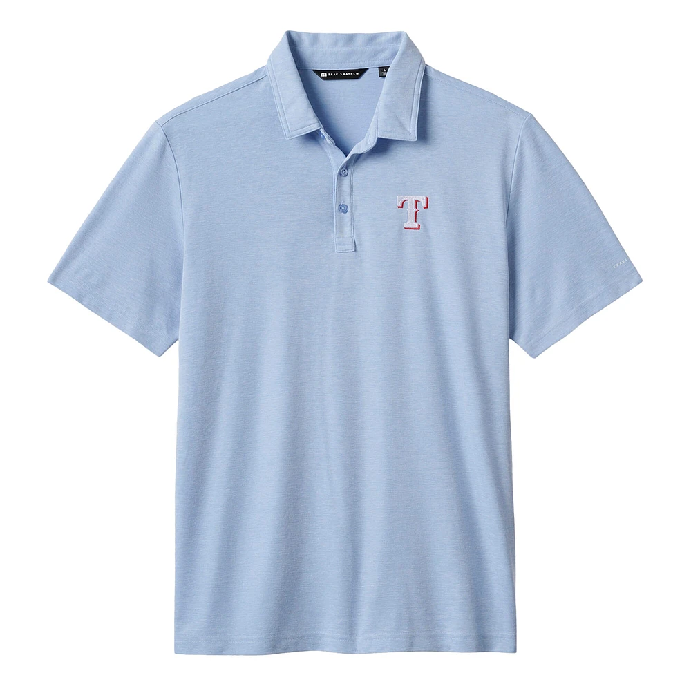 Polo TravisMathew bleu chiné pour homme, motif éliminatoire des Texas Rangers