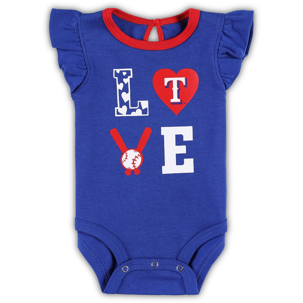 Ensemble trois pièces Love of Baseball Bib Body et chaussons Royal/Red Texas Rangers pour nouveau-nés nourrissons