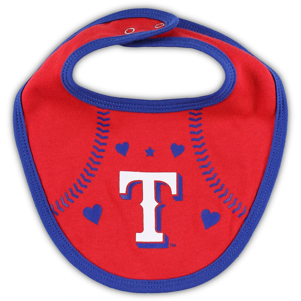 Ensemble trois pièces Love of Baseball Bib Body et chaussons Royal/Red Texas Rangers pour nouveau-nés nourrissons