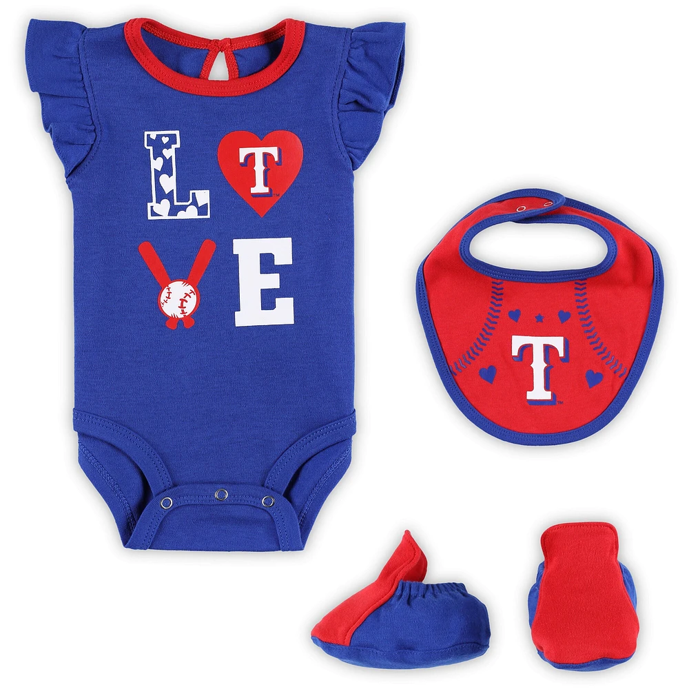 Ensemble trois pièces Love of Baseball Bib Body et chaussons Royal/Red Texas Rangers pour nouveau-nés nourrissons