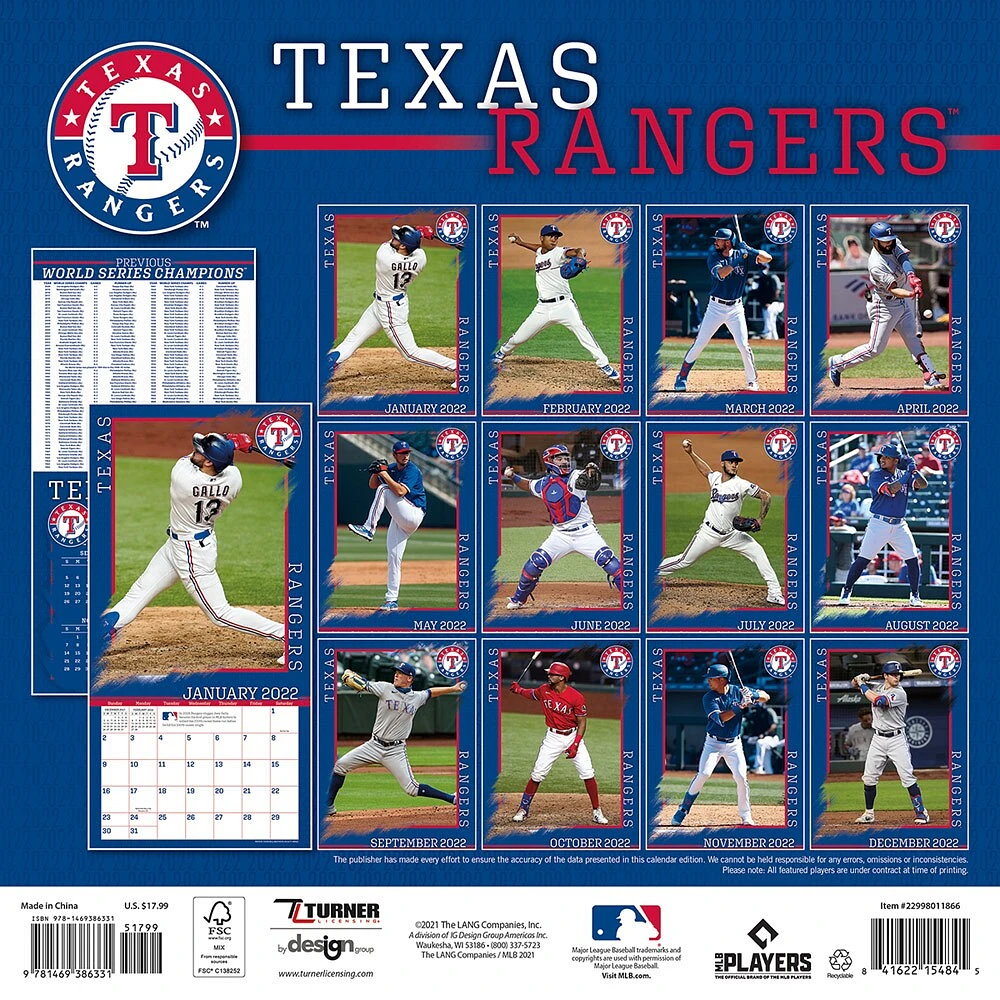 Calendrier mural des Rangers du Texas 2022