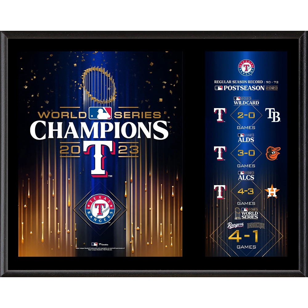 Plaque sublimée 12" x 15" des champions de la série mondiale 2023 des Texas Rangers