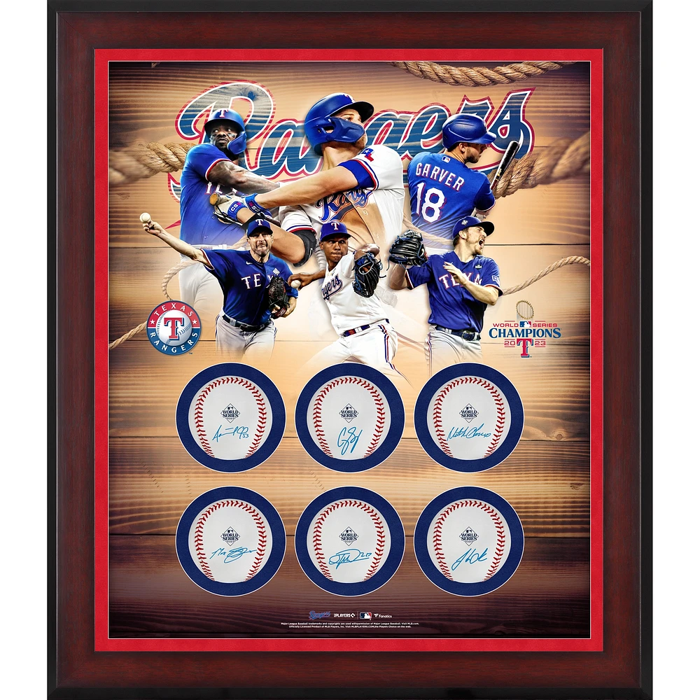 Texas Rangers 2023 World Series Champions Framed Multi-Signed 6-Baseball Shadowbox featuring Corey Seager, Adolis Garcia, Max Scherzer, Jose Leclerc, Mitch Garver & Josh Sborz