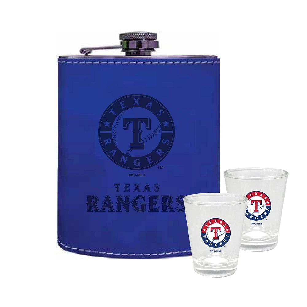 The Memory Company Texas Rangers Three-Pack 8oz. Leather Flask & 2oz. Shot Glass Set