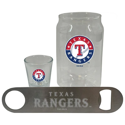 Ensemble de trois verres à bière Texas Rangers de The Memory Company, verre à liqueur de 2 oz et décapsuleur