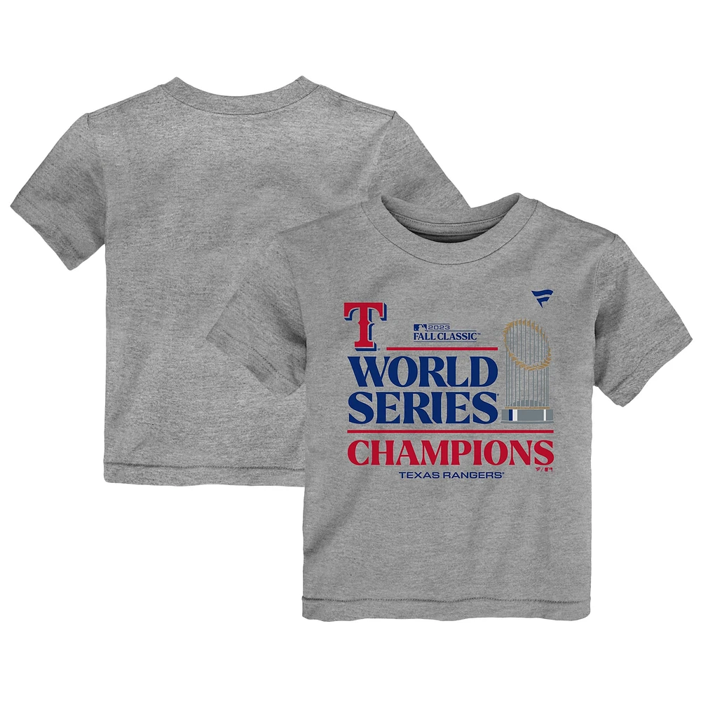 T-shirt de vestiaire des champions la Série mondiale 2023 Texas Rangers Heather Grey Fanatics pour tout-petits