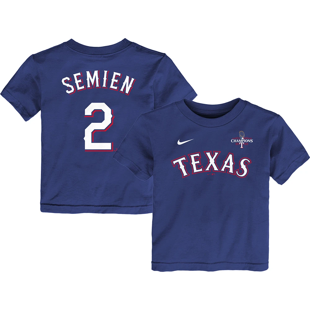 T-shirt Nike Marcus Semien Royal Texas Rangers 2023 World Series Champions avec nom et numéro pour tout-petit