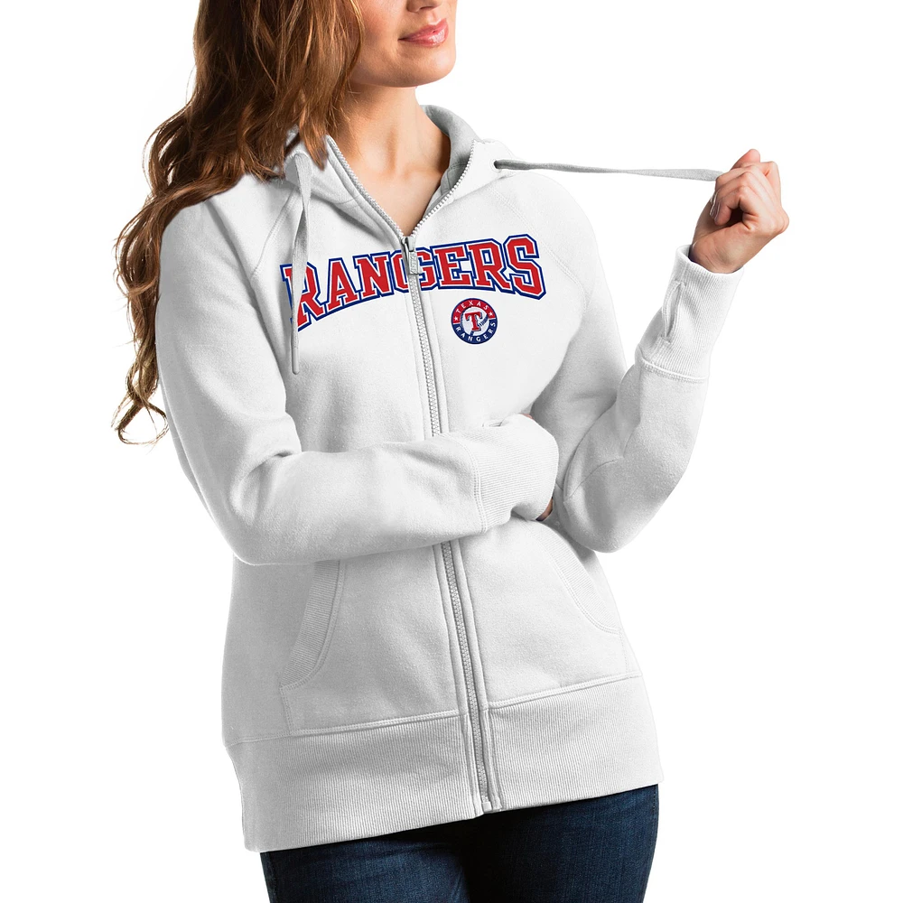 Women's Antigua White Texas Rangers Team Logo Victory Full-Zip Hoodie