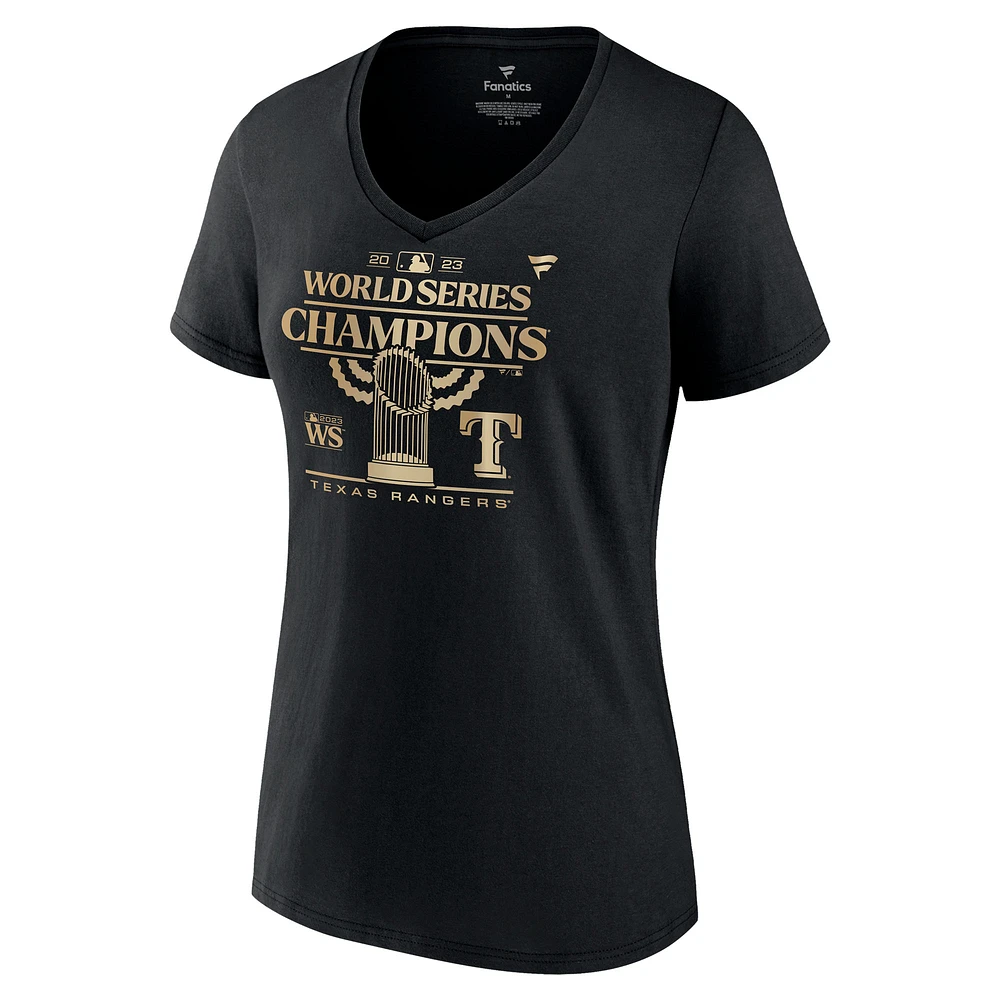 T-shirt noir à col en V pour femme Texas Rangers 2023 World Series Champions Parade