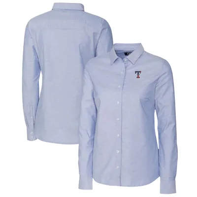 Texas Rangers Cutter & Buck Women's Americana Logo Oxford Stretch Long Sleeve Button-Up Shirt - Light Blue