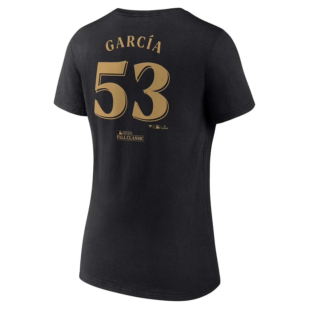 T-shirt à col en V Fanatics Adolis Garcia pour femmes, noir, Texas Rangers 2023 World Series Champions, grande taille, nom et numéro